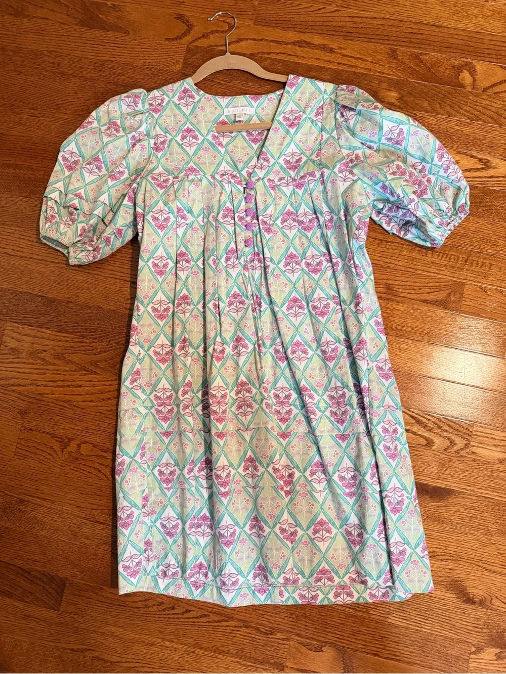 Karlie Paris print Mint & Pink Diamond-Print Puff-Sleeve Tunic Dress